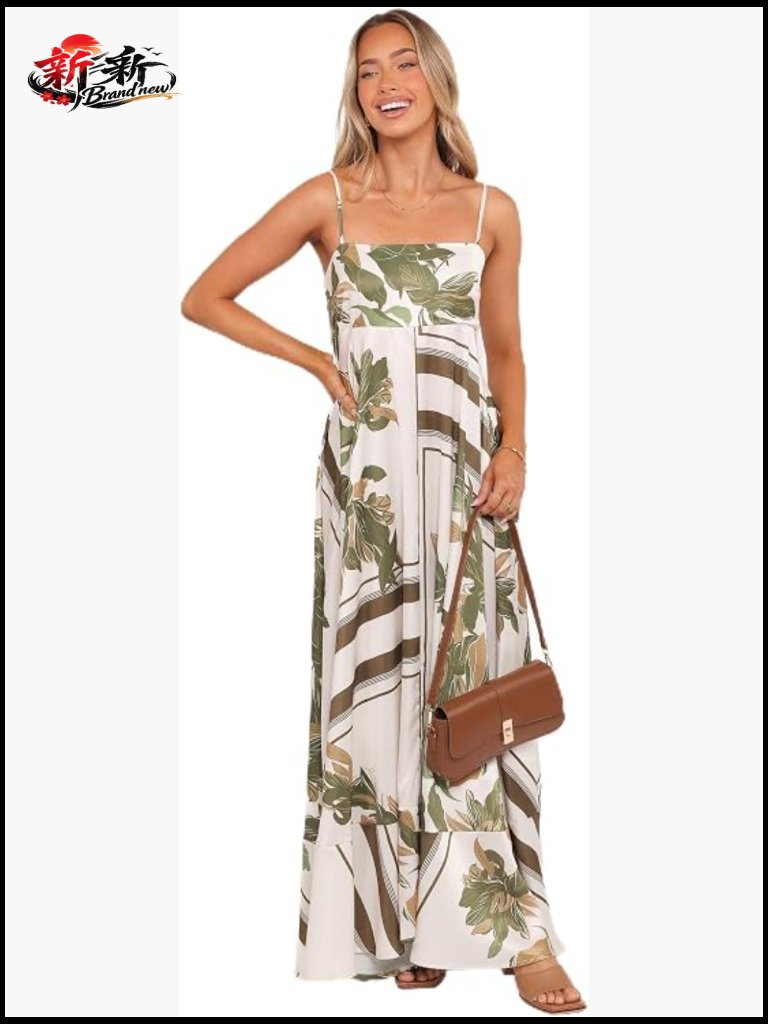 Maxi Dress - Square Neckline, Adjustable Straps, A-Line Silhouette